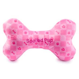 Pink Checker Chewy Vuiton Bone Squeaker Dog Toy by Haute Diggity Dog