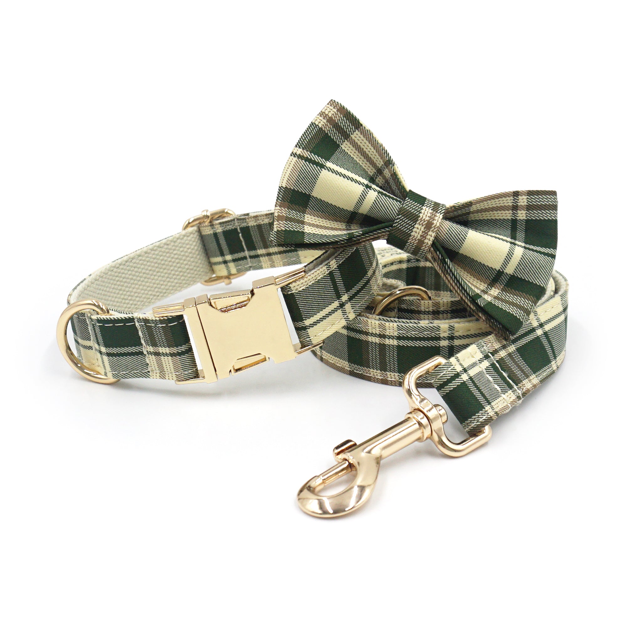 Classic Green Plaid Set – Collar, Leash & Bowtie