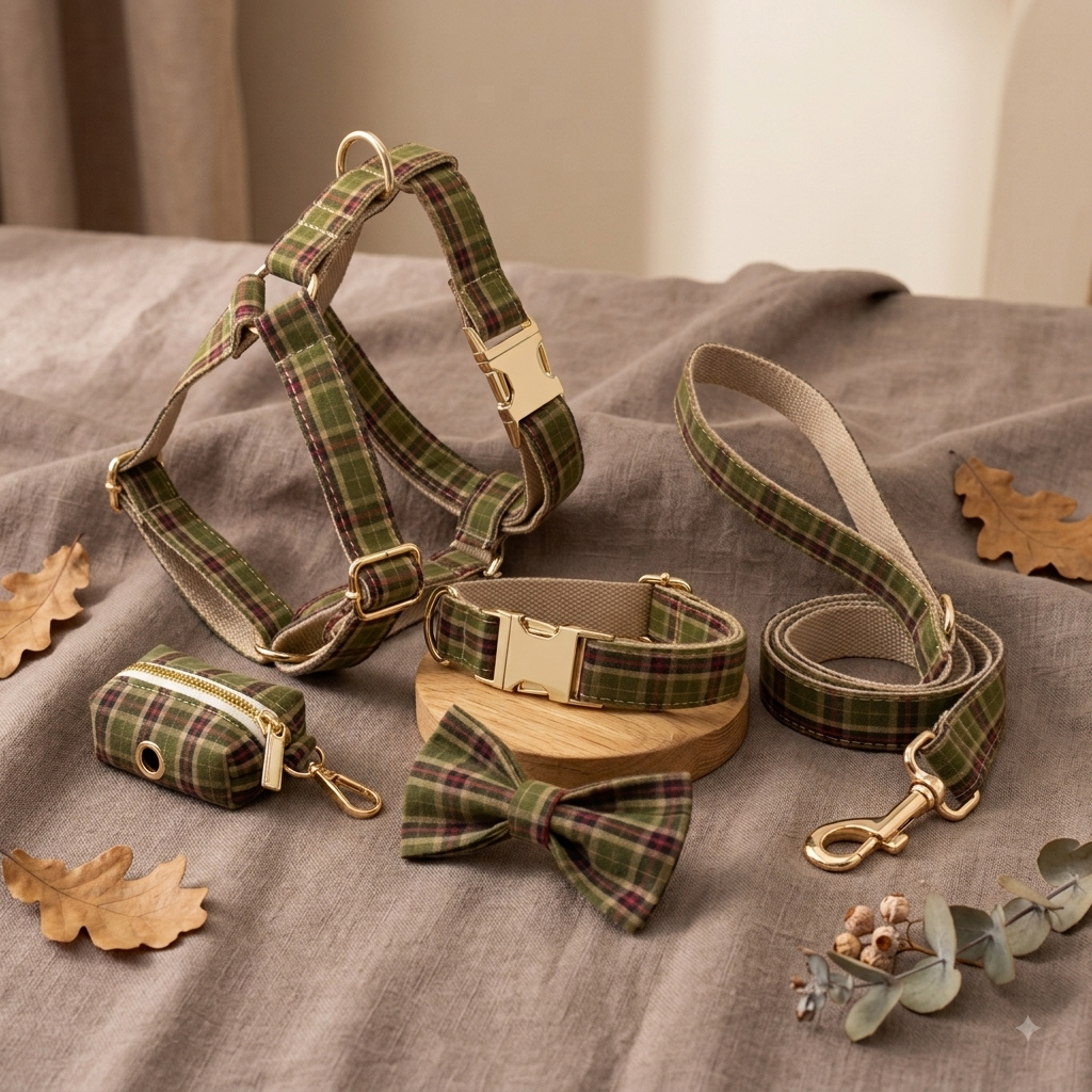 Tiggy’s Retro Green Set  - Collar, Leash, Harness and Accessories